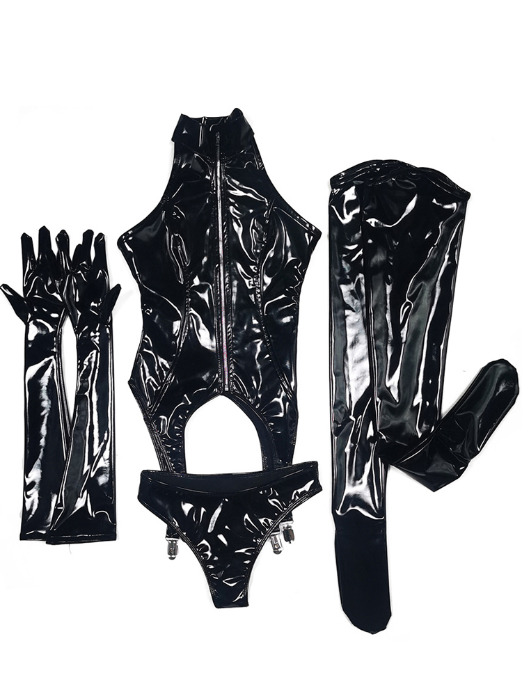 4PCS/SET Wet Look PVC Catsuit  - Garter Belt Set recensione e prezzo