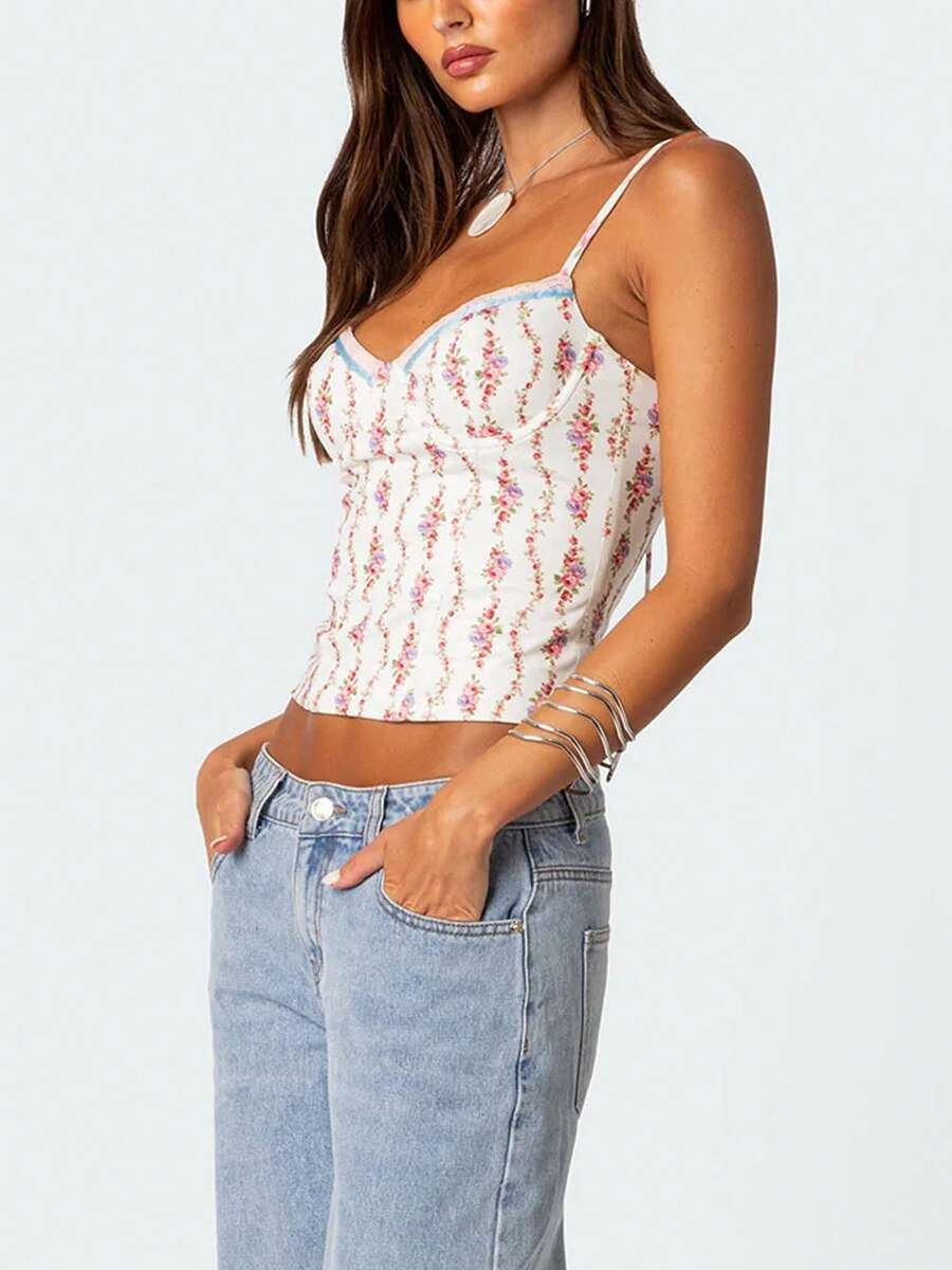 Women Floral Print Tie Strap V - Cami Top Lace recensione e prezzo